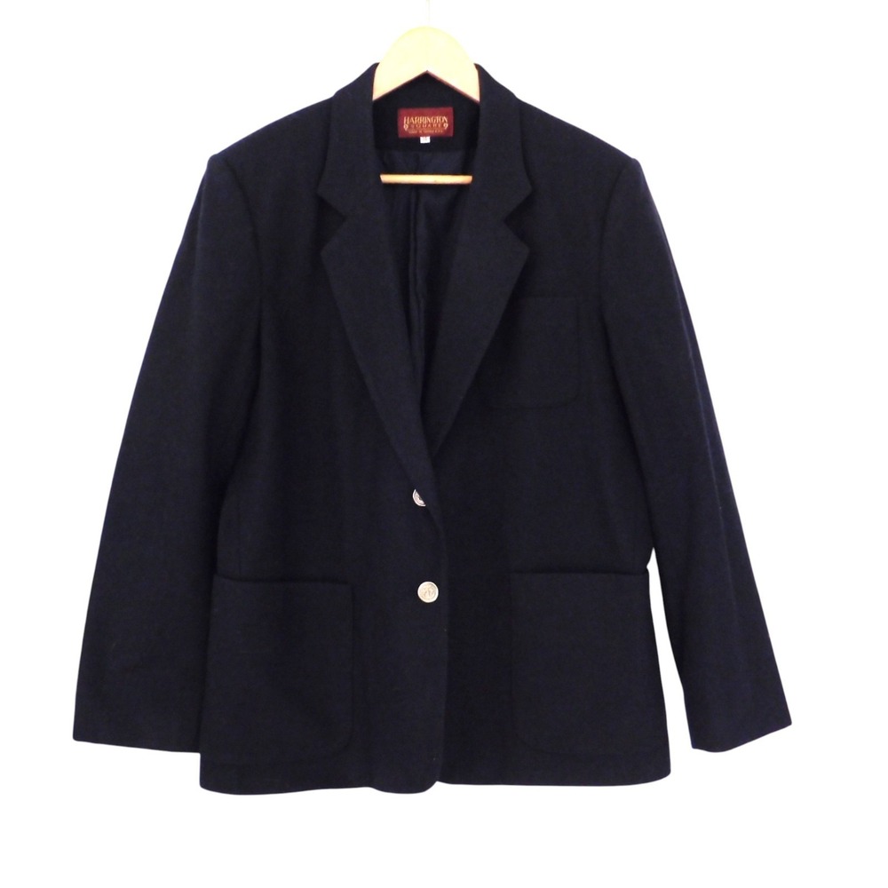 VTG Womens Harrington Square‎ Navy Blue Wool Blazer Nautical Silver Buttons Sz 8